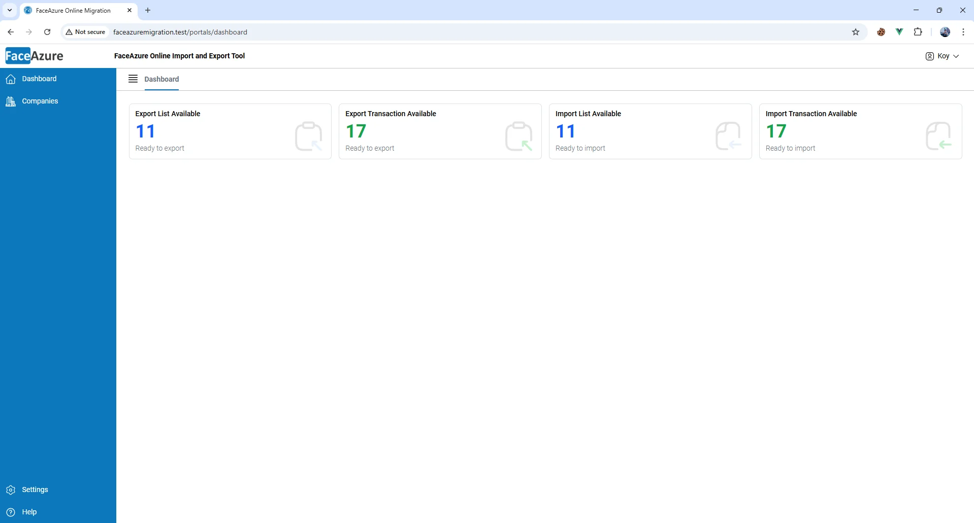 FaceAzure Online Import and Export Data dashboard for QuickBooks Online workflow