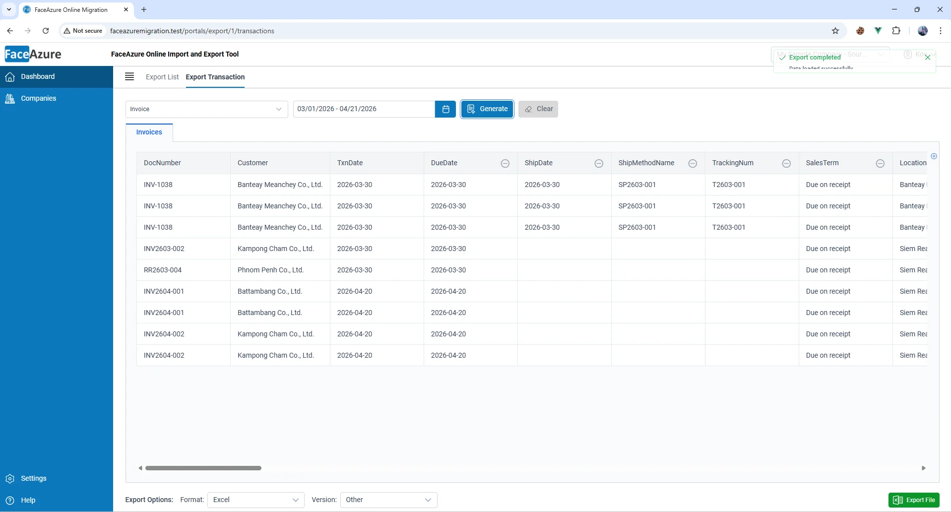 FaceAzure Online Import and Export Data transaction export screen with filters
